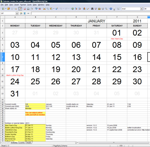 Calendar template for Album DS 